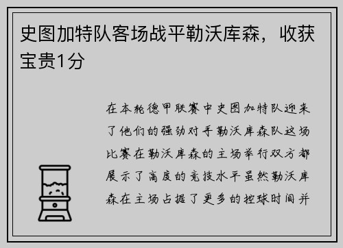 史图加特队客场战平勒沃库森，收获宝贵1分