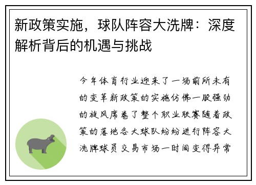 新政策实施，球队阵容大洗牌：深度解析背后的机遇与挑战