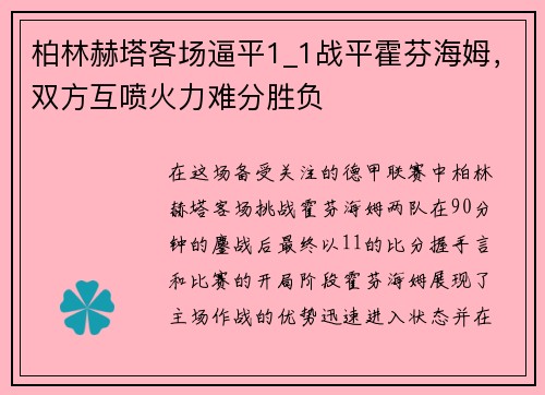 柏林赫塔客场逼平1_1战平霍芬海姆，双方互喷火力难分胜负